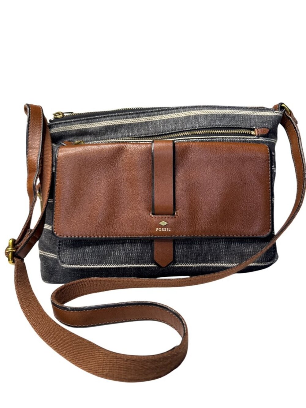 Fossil Canvas & Leather Stripe Crossbody Bag With Key Detail Adjustable Strap